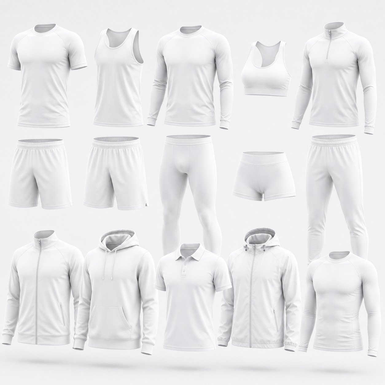 Linha esportiva em geral: camisas, regatas, calções, calças e agasalhos